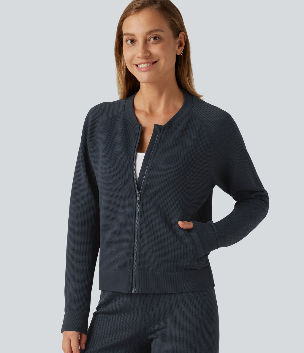 Round Neck Long Sleeve Waffle Casual Bomber Jacket with Pockets — Collegiate Blue — view 5