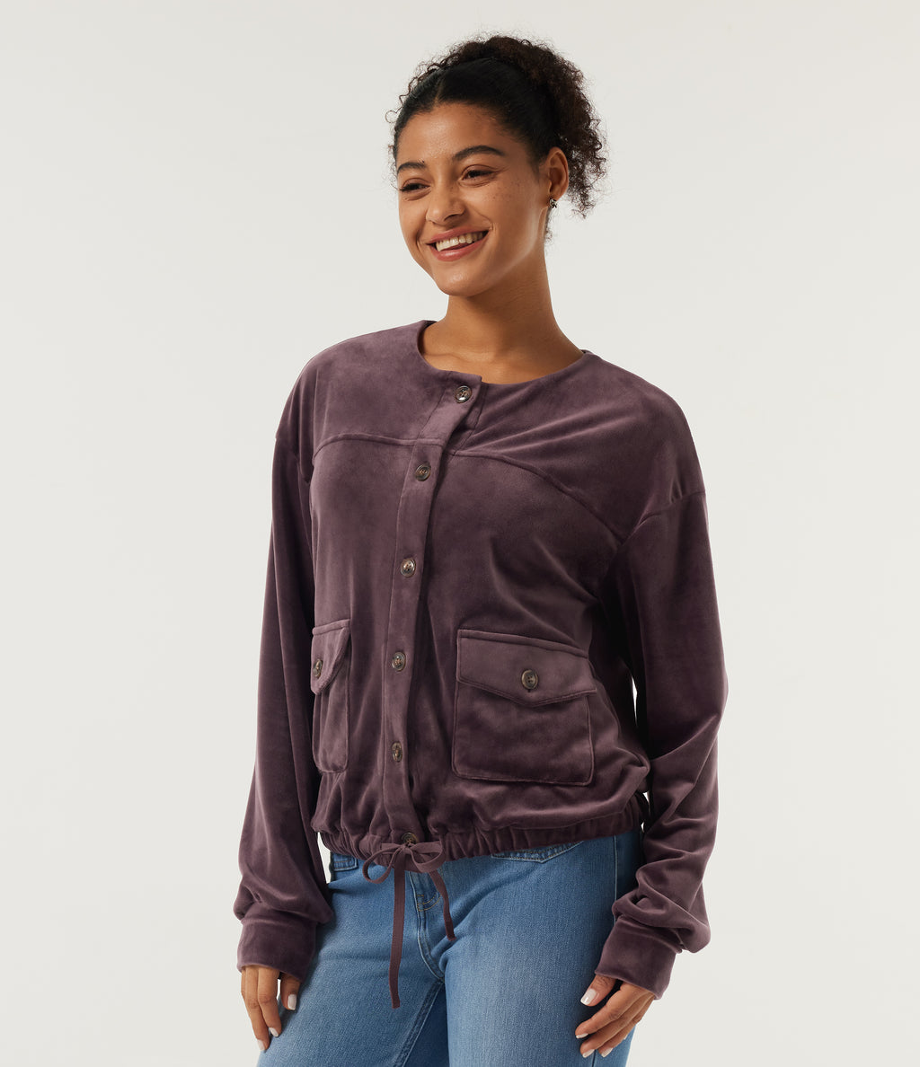 Round Neck Long Sleeve Drawstring Gathered Hem Work Sweatshirt with Pockets — Huckleberry — view 3