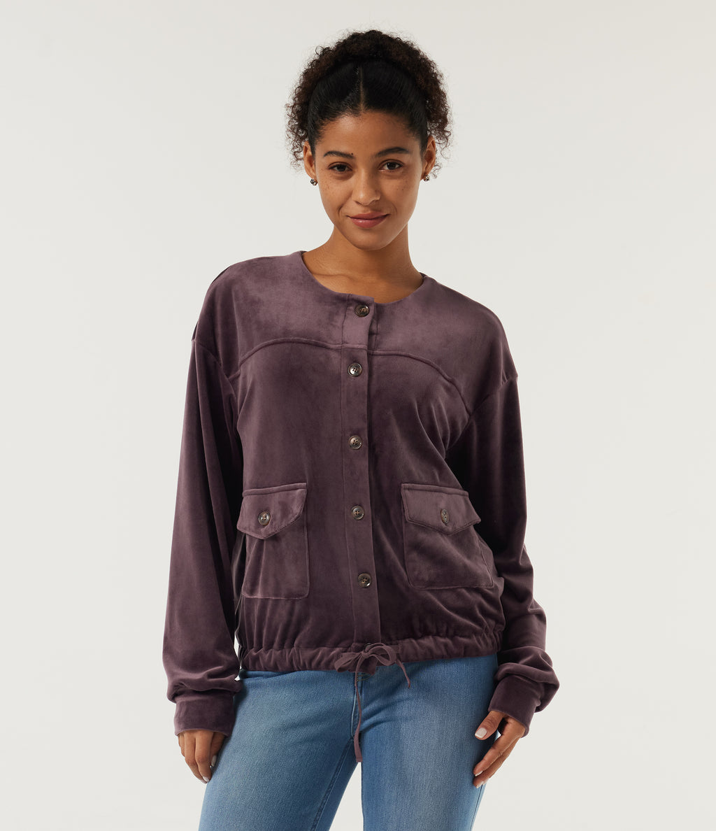 Round Neck Long Sleeve Drawstring Gathered Hem Work Sweatshirt with Pockets — Huckleberry — view 1