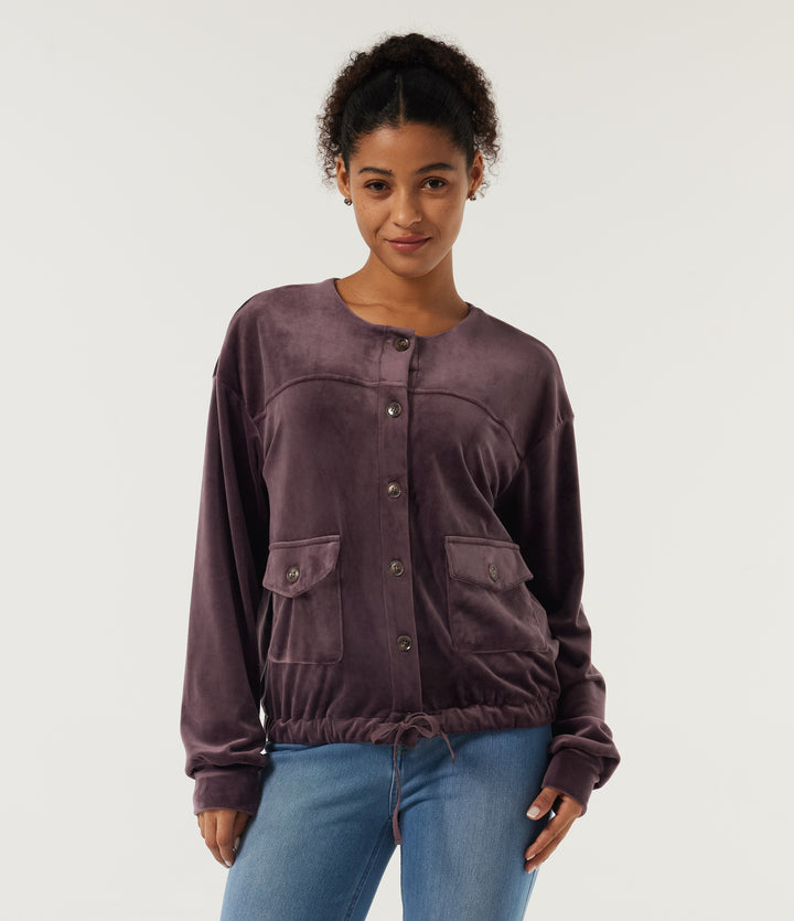 Round Neck Long Sleeve Drawstring Gathered Hem Work Sweatshirt with Pockets — Huckleberry — view 1