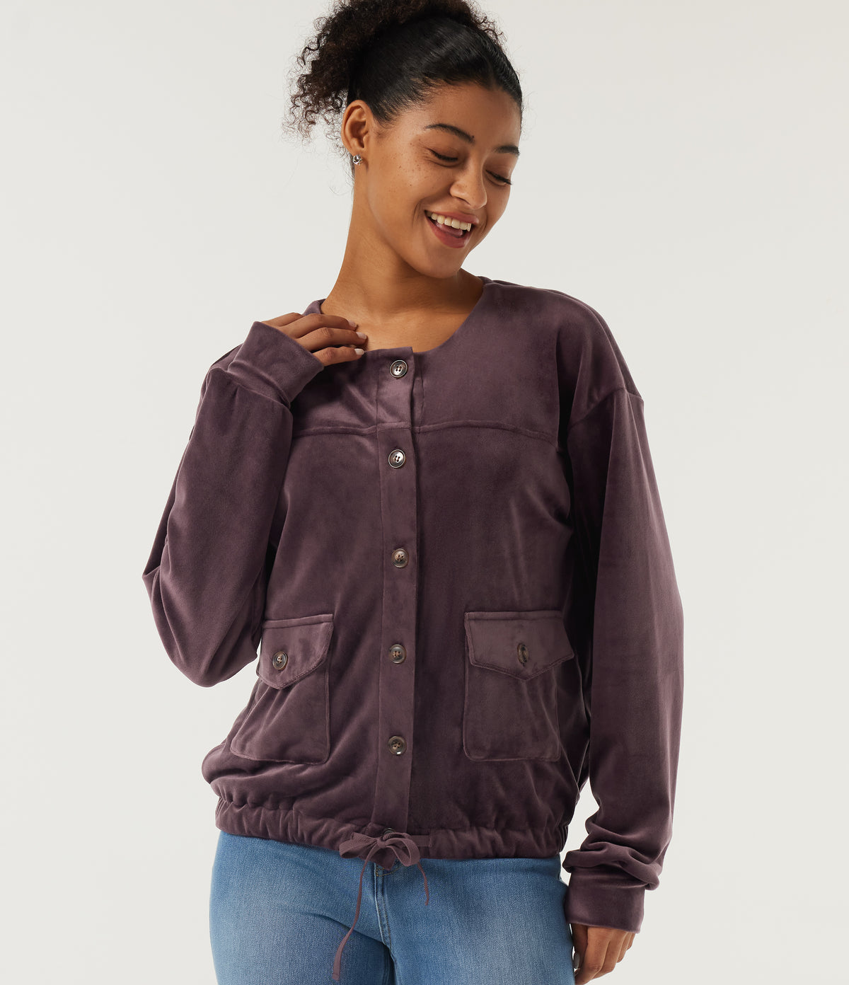 Round Neck Long Sleeve Drawstring Gathered Hem Work Sweatshirt with Pockets — Huckleberry — view 4
