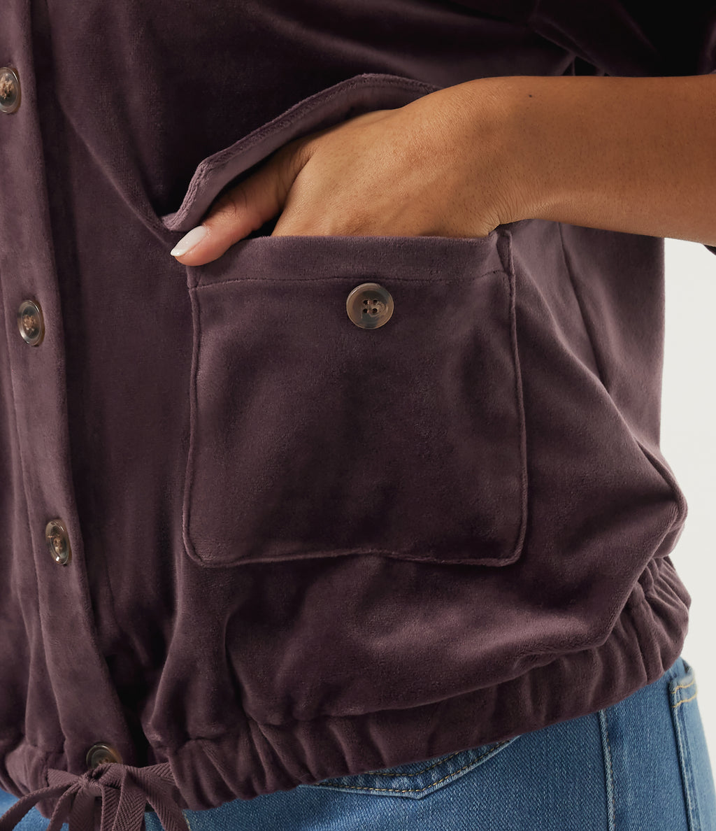 Round Neck Long Sleeve Drawstring Gathered Hem Work Sweatshirt with Pockets — Huckleberry — view 6