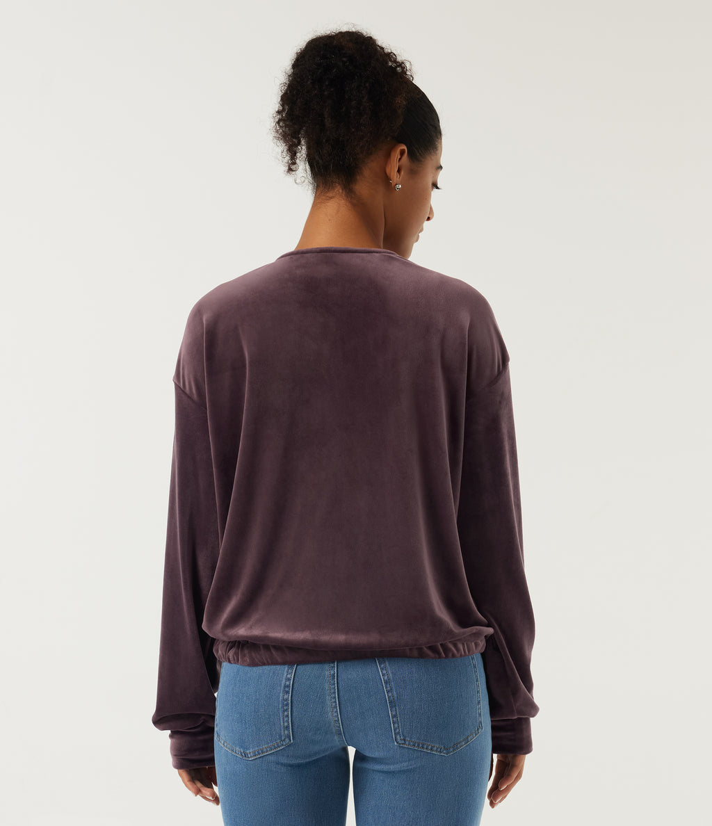 Round Neck Long Sleeve Drawstring Gathered Hem Work Sweatshirt with Pockets — Huckleberry — view 2