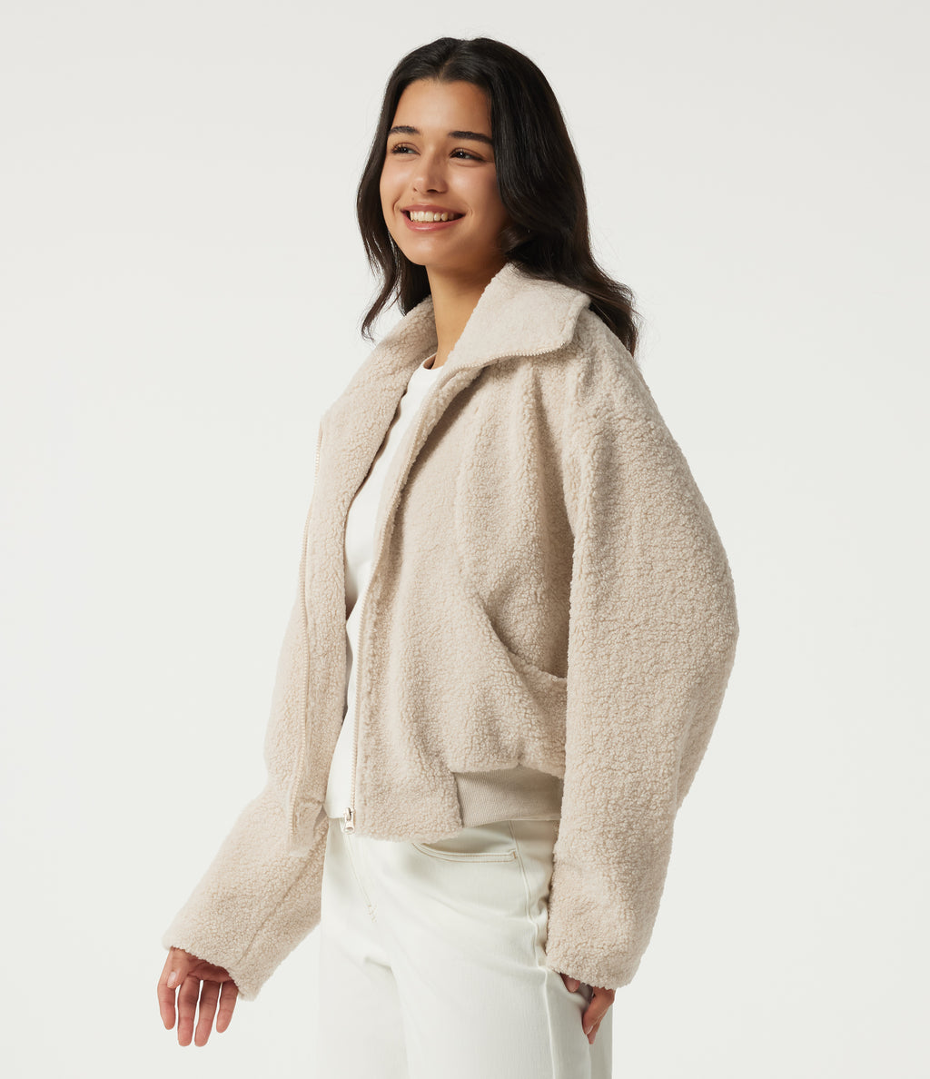 Stand Collar Long Sleeve Casual Sherpa Jacket with Pockets — Whitecap Gray — view 3