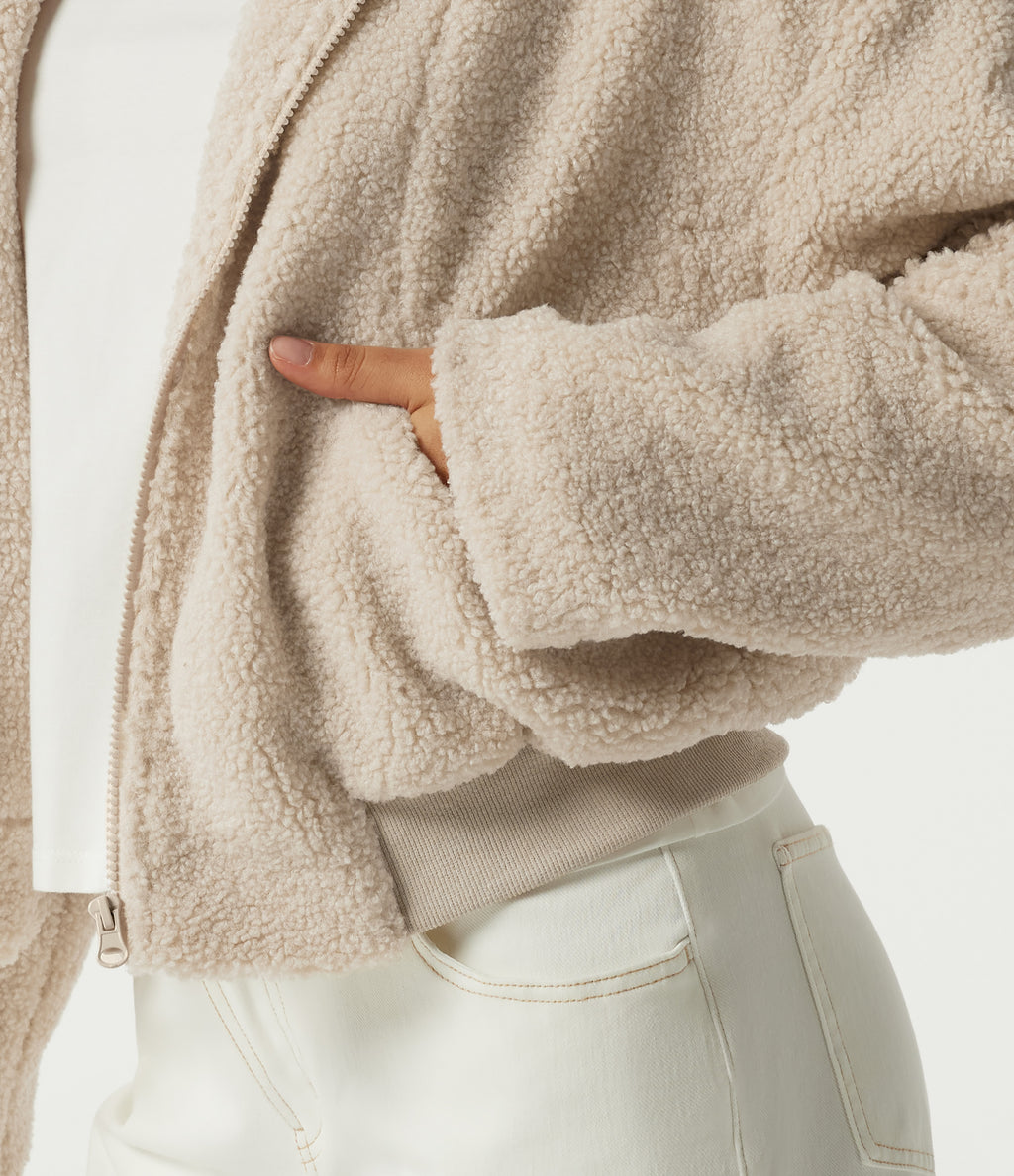 Stand Collar Long Sleeve Casual Sherpa Jacket with Pockets — Whitecap Gray — view 6