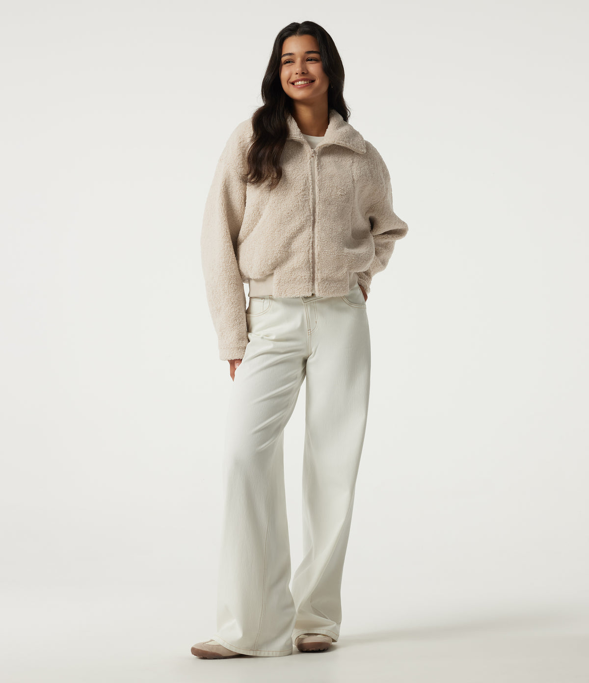 Stand Collar Long Sleeve Casual Sherpa Jacket with Pockets — Whitecap Gray — view 7