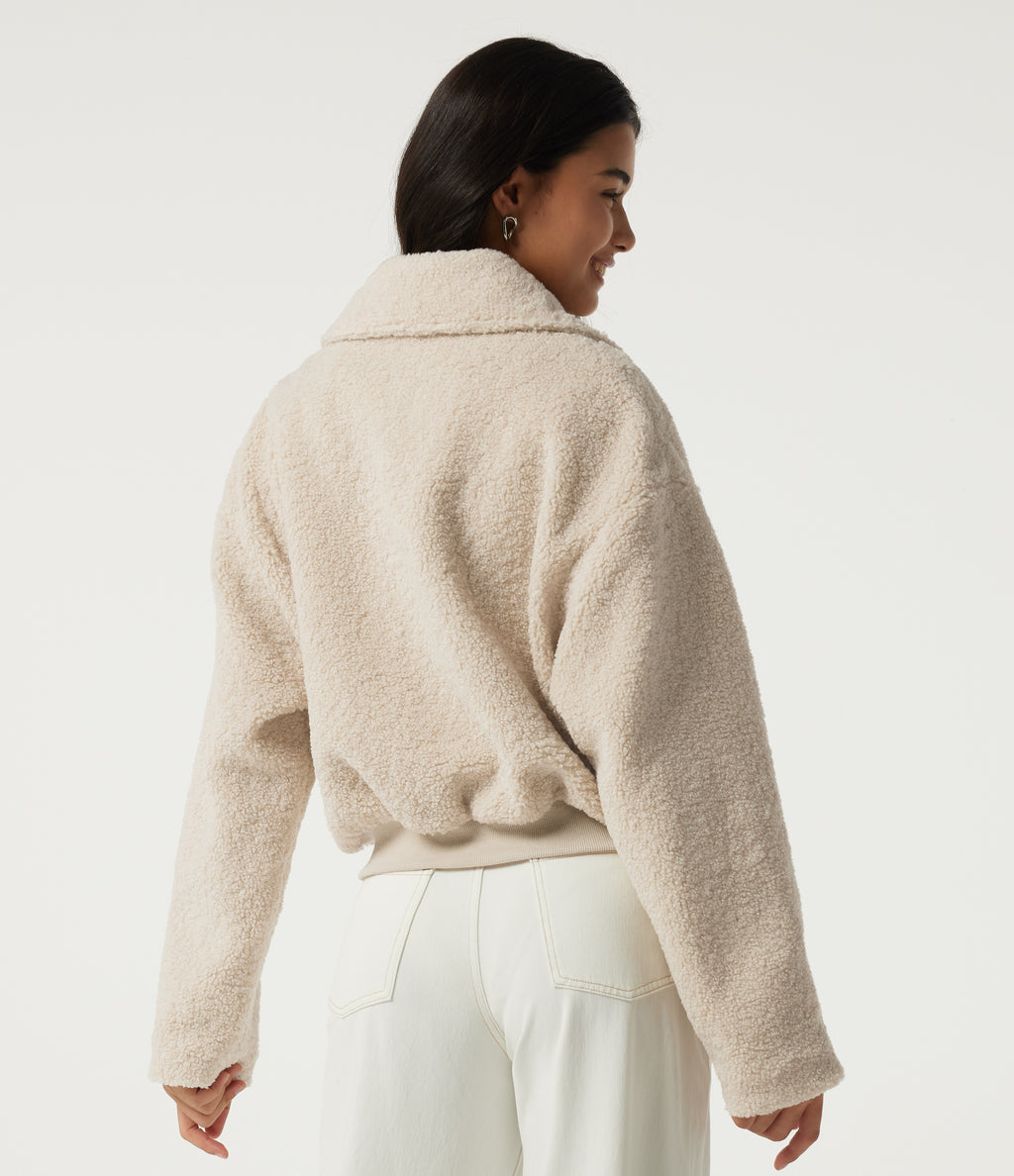 Stand Collar Long Sleeve Casual Sherpa Jacket with Pockets — Whitecap Gray — view 2