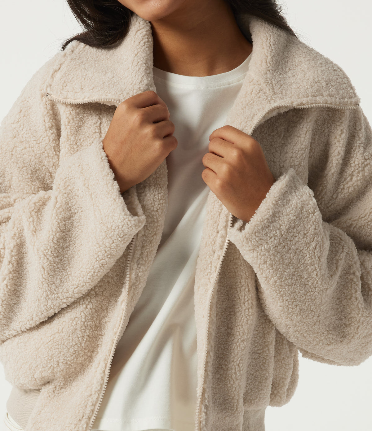 Stand Collar Long Sleeve Casual Sherpa Jacket with Pockets — Whitecap Gray — view 5