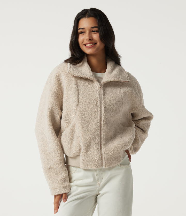Stand Collar Long Sleeve Casual Sherpa Jacket with Pockets — Whitecap Gray — view 1