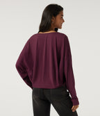 V Neck Long Sleeve Casual Top with Thumbholes — Maroon Banner — view 2
