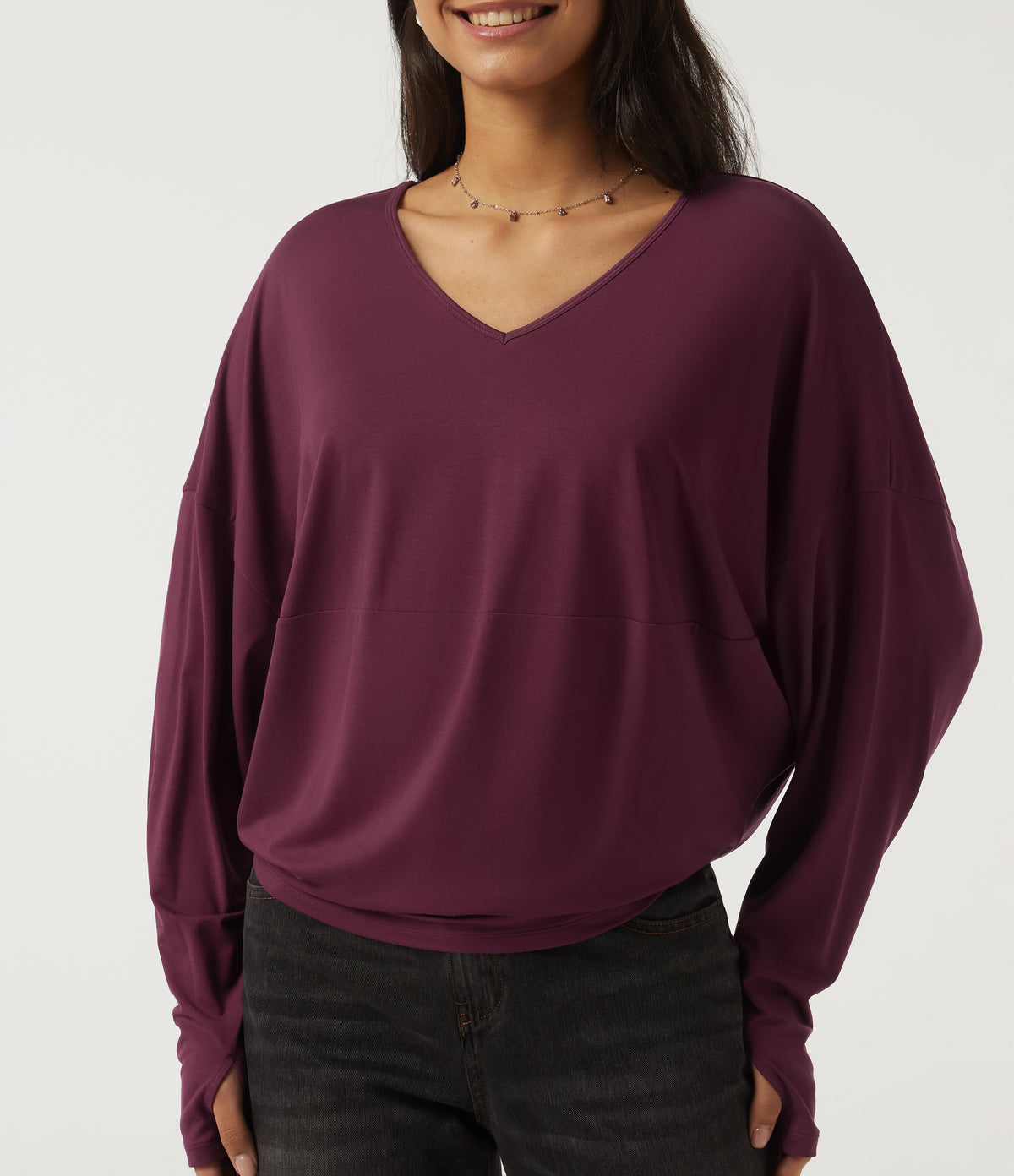 V Neck Long Sleeve Casual Top with Thumbholes — Maroon Banner — view 5
