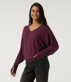 V Neck Long Sleeve Casual Top with Thumbholes — Maroon Banner — view 4