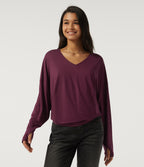 V Neck Long Sleeve Casual Top with Thumbholes — Maroon Banner — view 3
