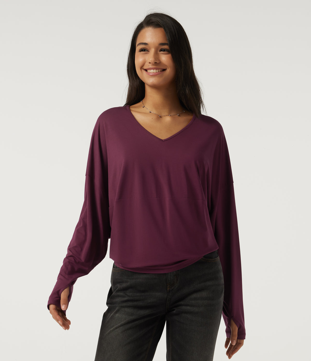 V Neck Long Sleeve Casual Top with Thumbholes — Maroon Banner — view 3