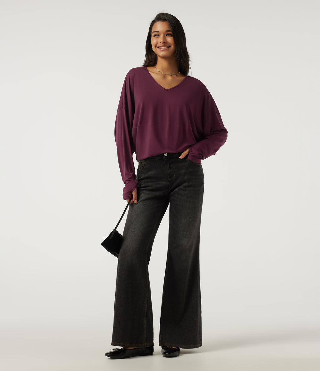 V Neck Long Sleeve Casual Top with Thumbholes — Maroon Banner — view 7