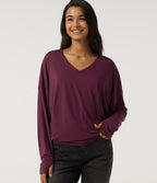 V Neck Long Sleeve Casual Top with Thumbholes — Maroon Banner — view 1