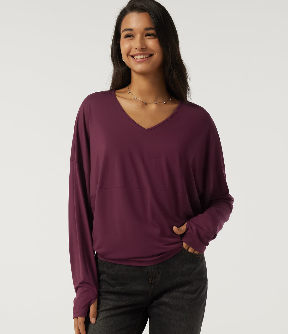 V Neck Long Sleeve Casual Top with Thumbholes — Maroon Banner — view 1