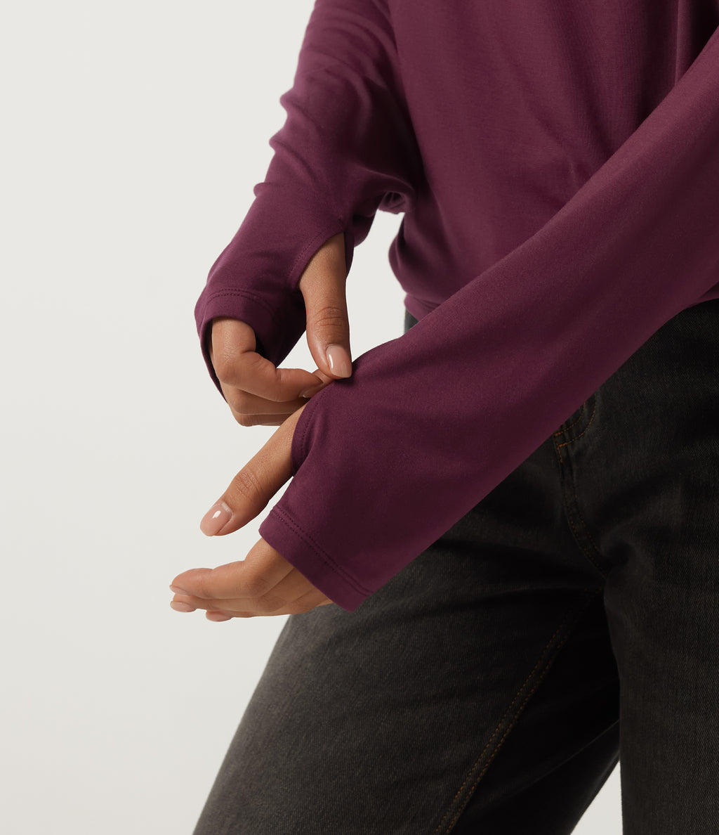 V Neck Long Sleeve Casual Top with Thumbholes — Maroon Banner — view 6