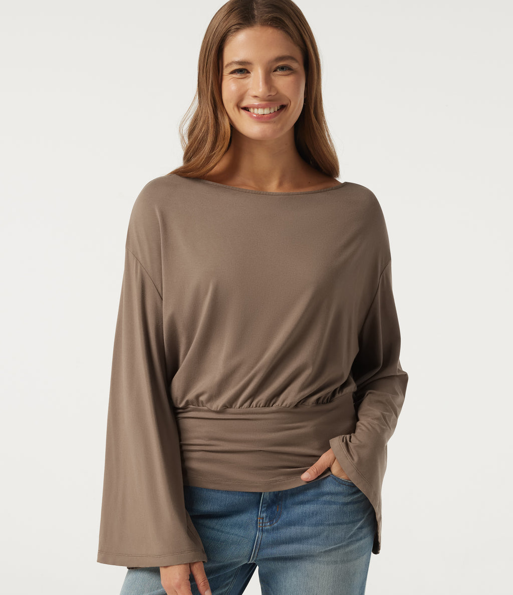 Boat Neck Long Sleeve Cut-Out Back Casual Top — Amphora — view 4