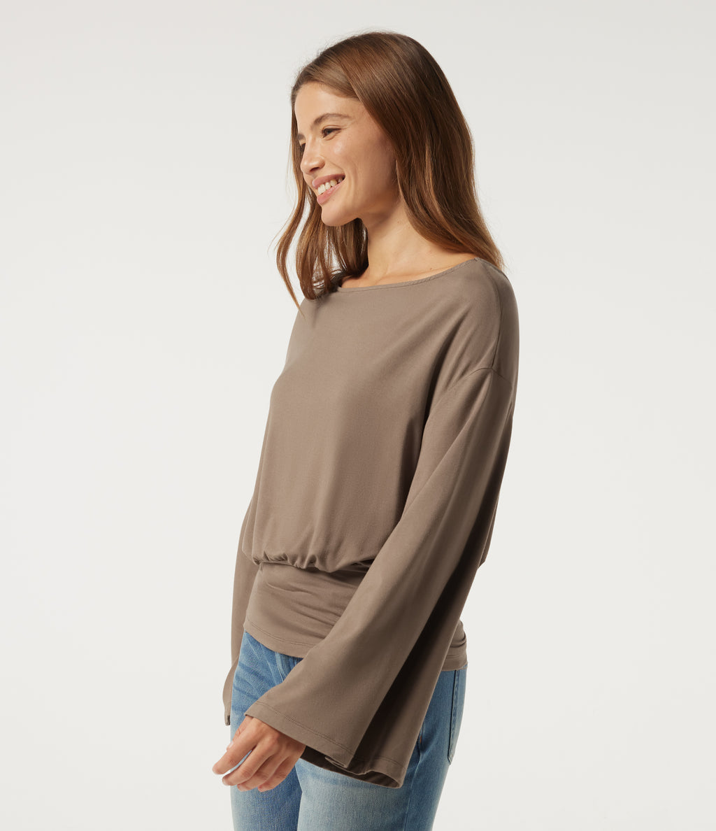 Boat Neck Long Sleeve Cut-Out Back Casual Top — Amphora — view 3