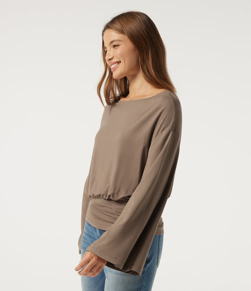 Boat Neck Long Sleeve Cut-Out Back Casual Top — Amphora — view 3
