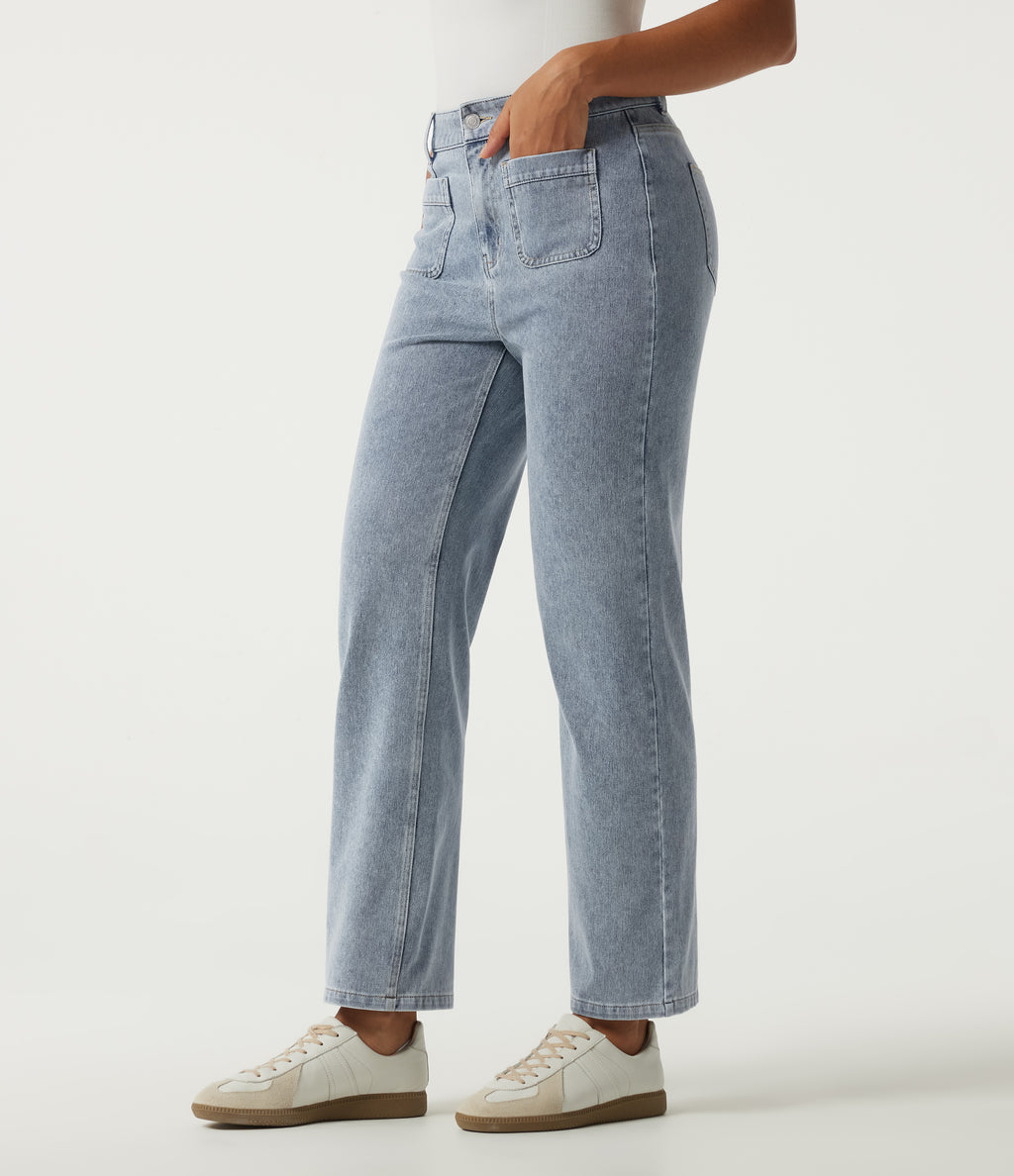 High Waisted Straight Leg Casual Cotton Jeans with Pockets — Ice Water Denim — view 1