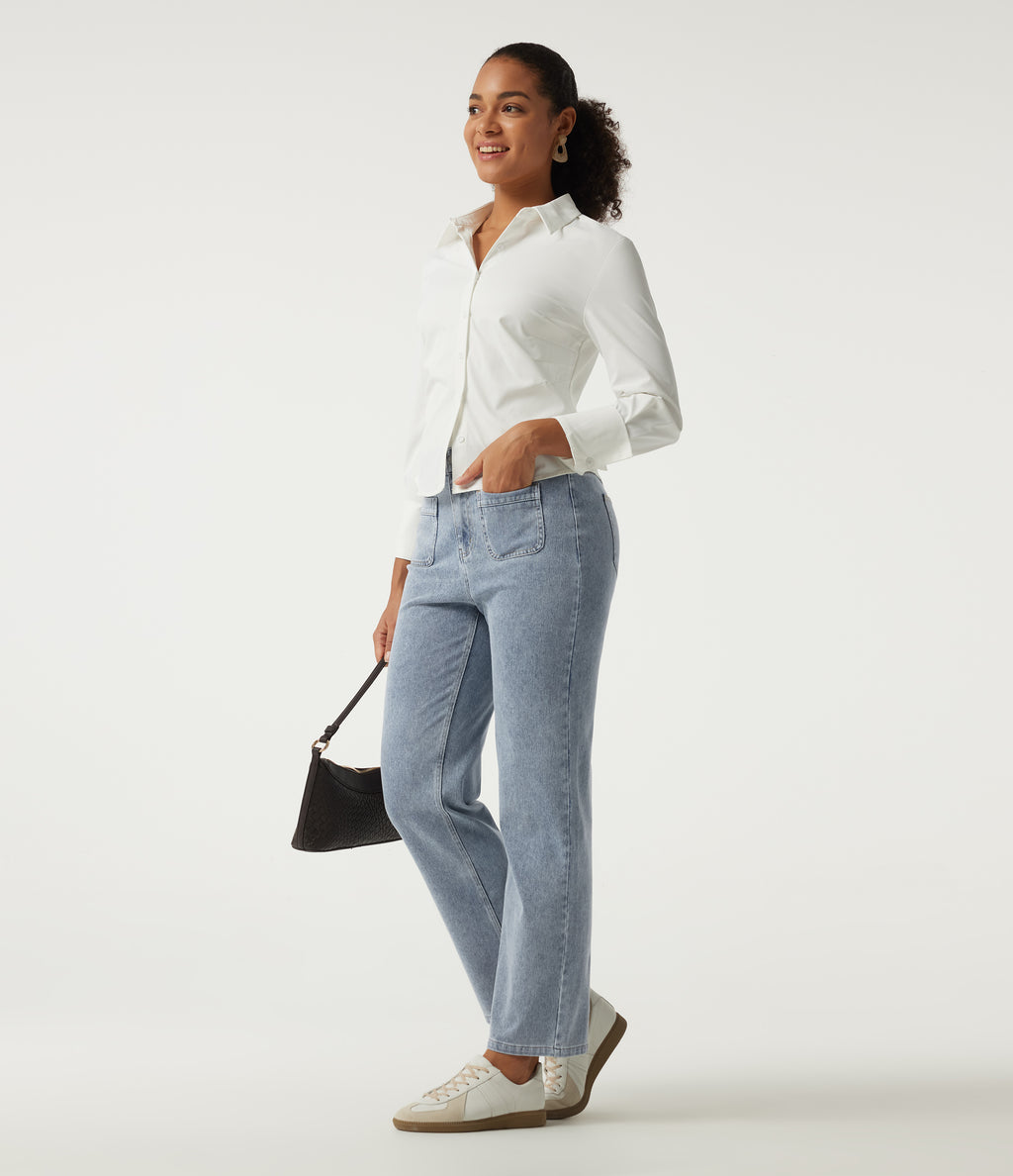 High Waisted Straight Leg Casual Cotton Jeans with Pockets — Ice Water Denim — view 7