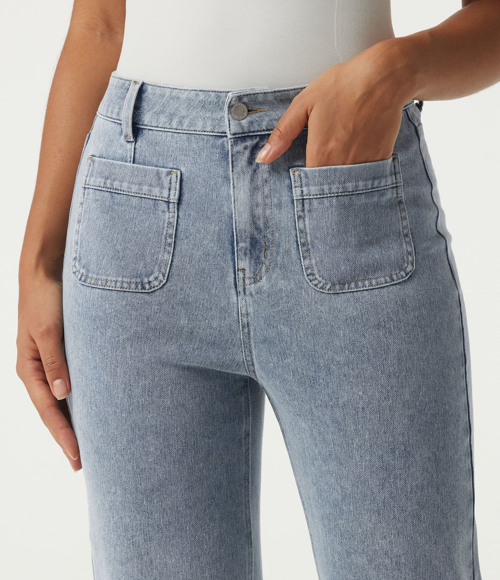 High Waisted Straight Leg Casual Cotton Jeans with Pockets — Ice Water Denim — view 4