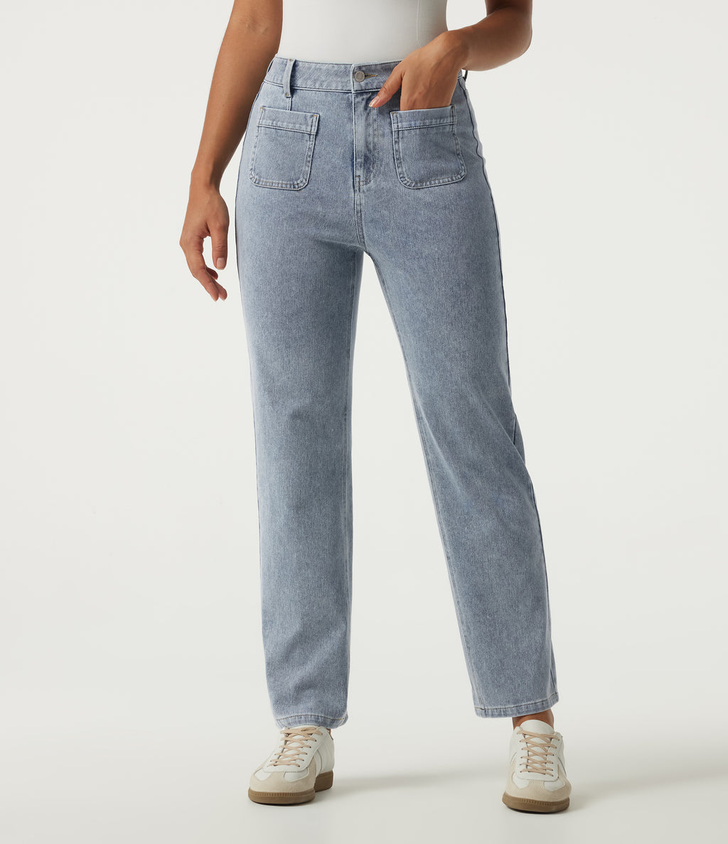 High Waisted Straight Leg Casual Cotton Jeans with Pockets — Ice Water Denim — view 3
