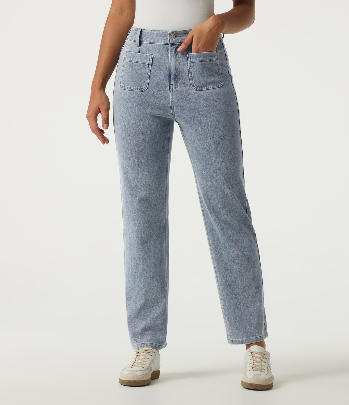 High Waisted Straight Leg Casual Cotton Jeans with Pockets — Ice Water Denim — view 3