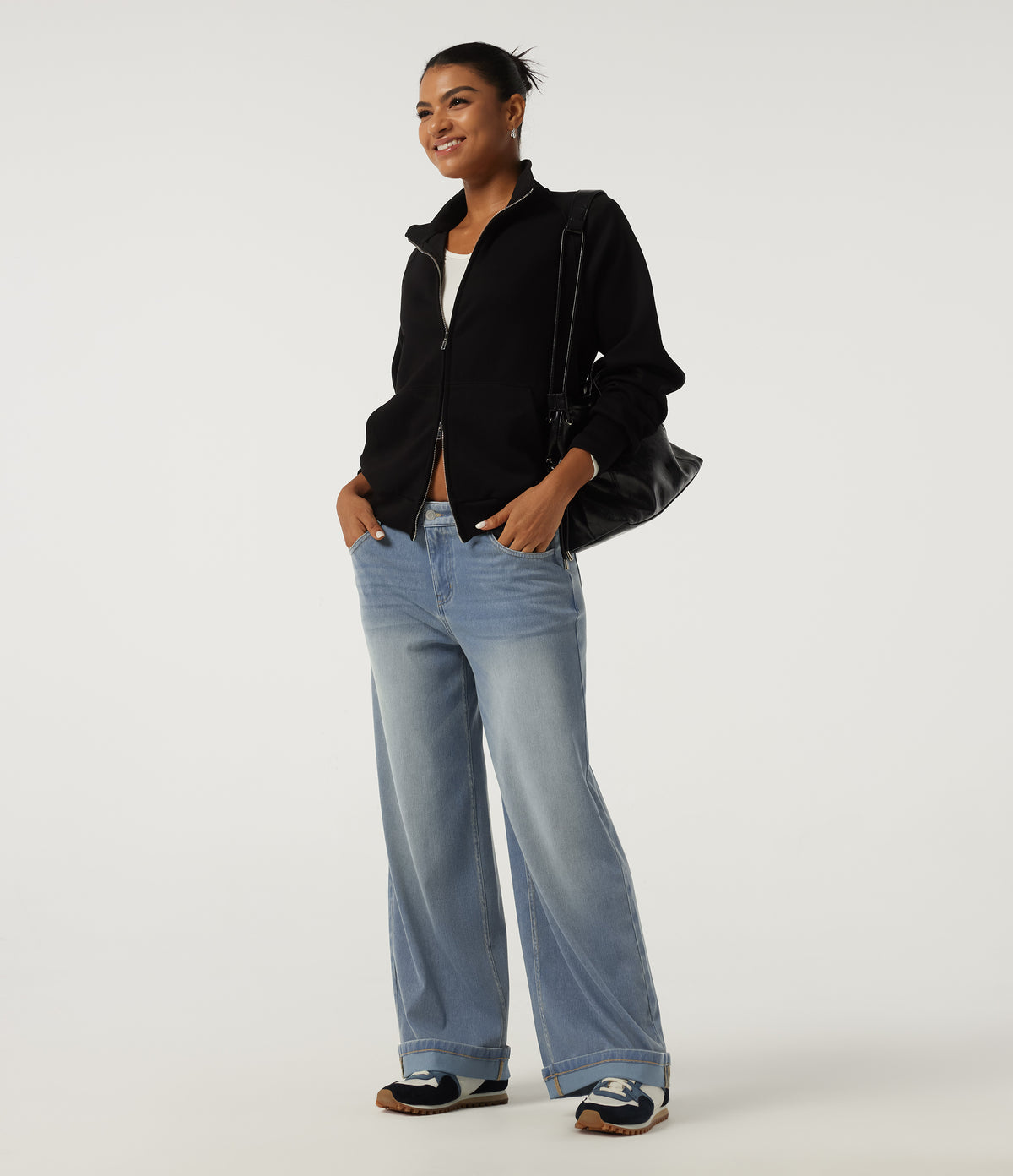 Low Rise Baggy Rolled Hem Casual Jeans with Pockets — Blue Flower Denim — view 8