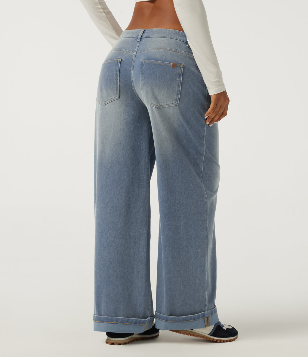 Low Rise Baggy Rolled Hem Casual Jeans with Pockets — Blue Flower Denim — view 2