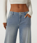Low Rise Baggy Rolled Hem Casual Jeans with Pockets — Blue Flower Denim — view 4