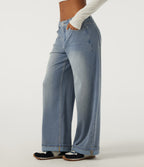 Low Rise Baggy Rolled Hem Casual Jeans with Pockets — Blue Flower Denim — view 3