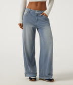 Low Rise Baggy Rolled Hem Casual Jeans with Pockets — Blue Flower Denim — view 1