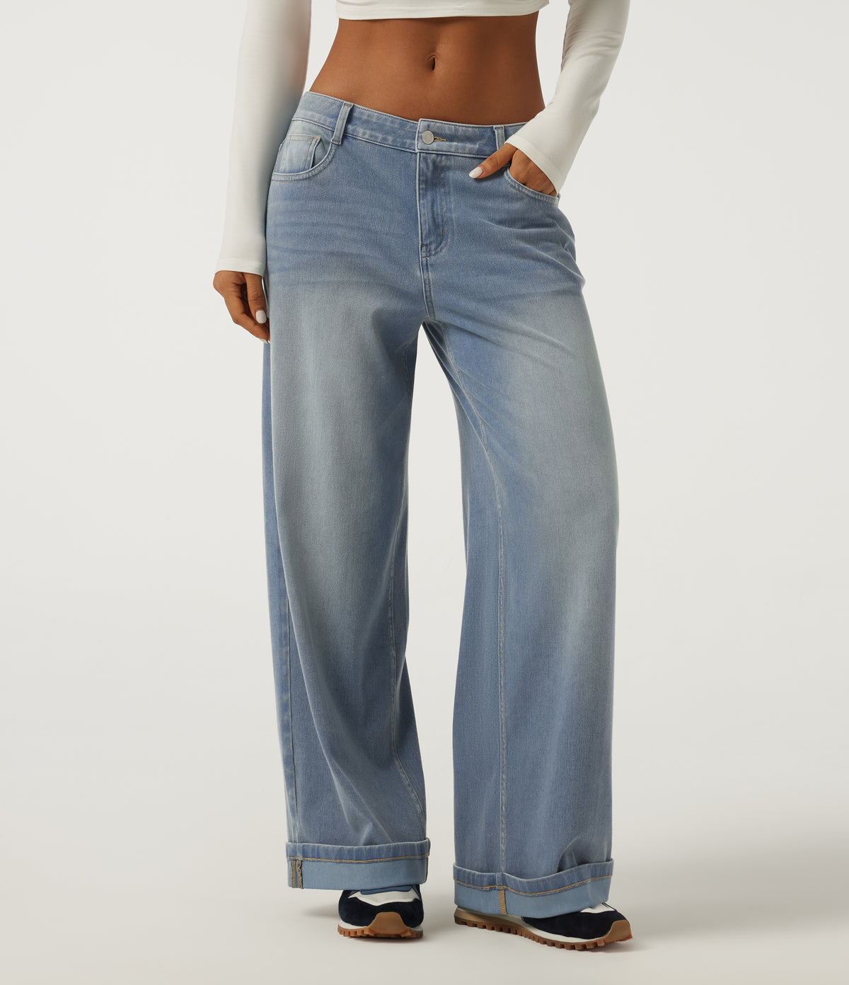 Low Rise Baggy Rolled Hem Casual Jeans with Pockets — Blue Flower Denim — view 1