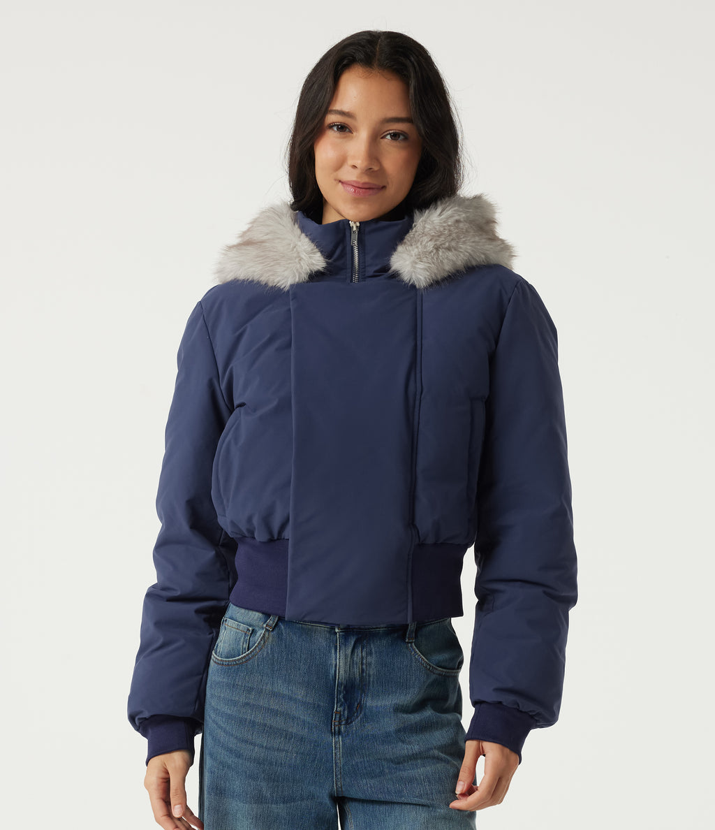 Hooded Long Sleeve Work Padded Jacket with Pockets — Mood Indigo — view 1