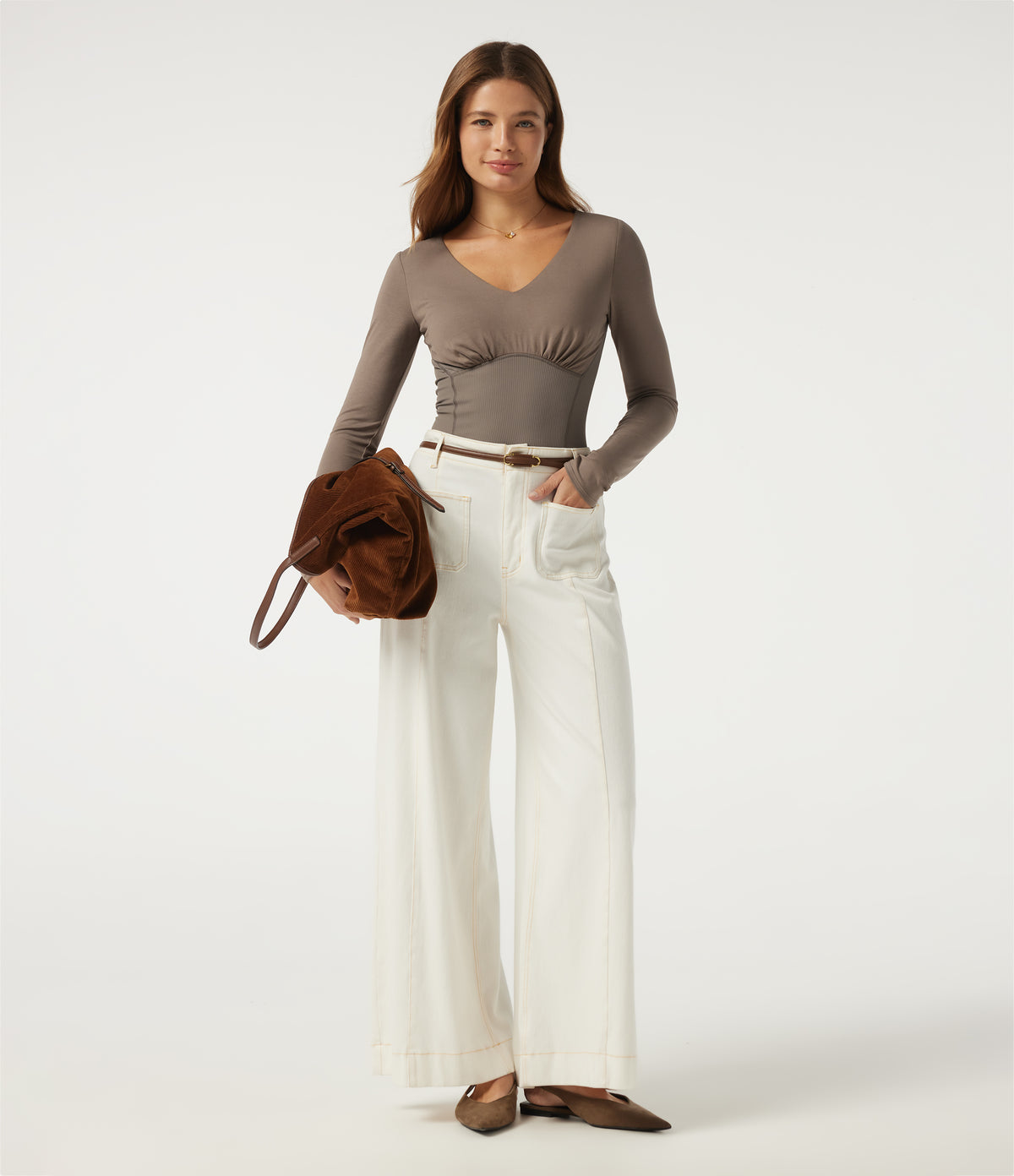 V Neck Long Sleeve Ruched Work Bodysuit with Built-in Bra — Dawn Brown — view 8