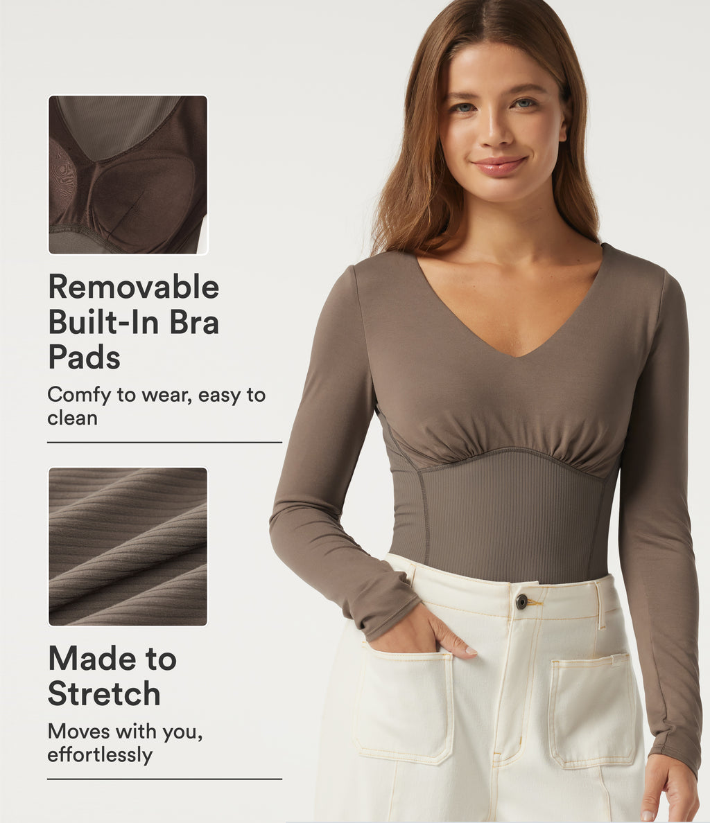 V Neck Long Sleeve Ruched Work Bodysuit with Built-in Bra — Dawn Brown — view 1