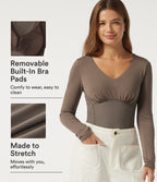 V Neck Long Sleeve Ruched Work Bodysuit with Built-in Bra — Dawn Brown — view 1
