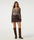 V Neck Long Sleeve Ruched Work Bodysuit with Built-in Bra — Dawn Brown — view 7
