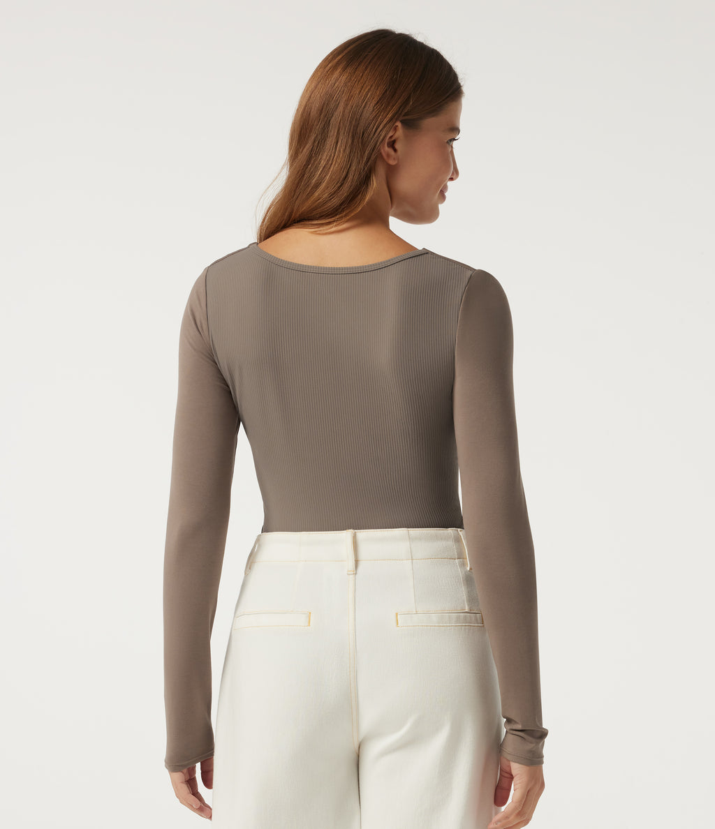 V Neck Long Sleeve Ruched Work Bodysuit with Built-in Bra — Dawn Brown — view 2