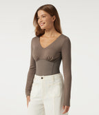 V Neck Long Sleeve Ruched Work Bodysuit with Built-in Bra — Dawn Brown — view 3