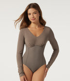 V Neck Long Sleeve Ruched Work Bodysuit with Built-in Bra — Dawn Brown — view 4