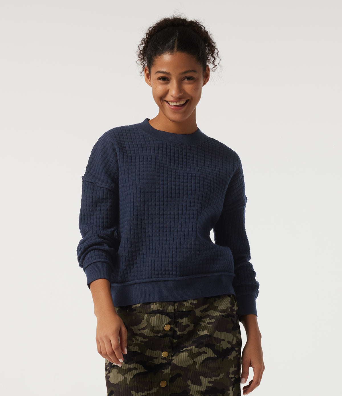 Round Neck Drop Shoulder Long Sleeve Casual Jumper — Always in a Mood - Dark Blue — view 1