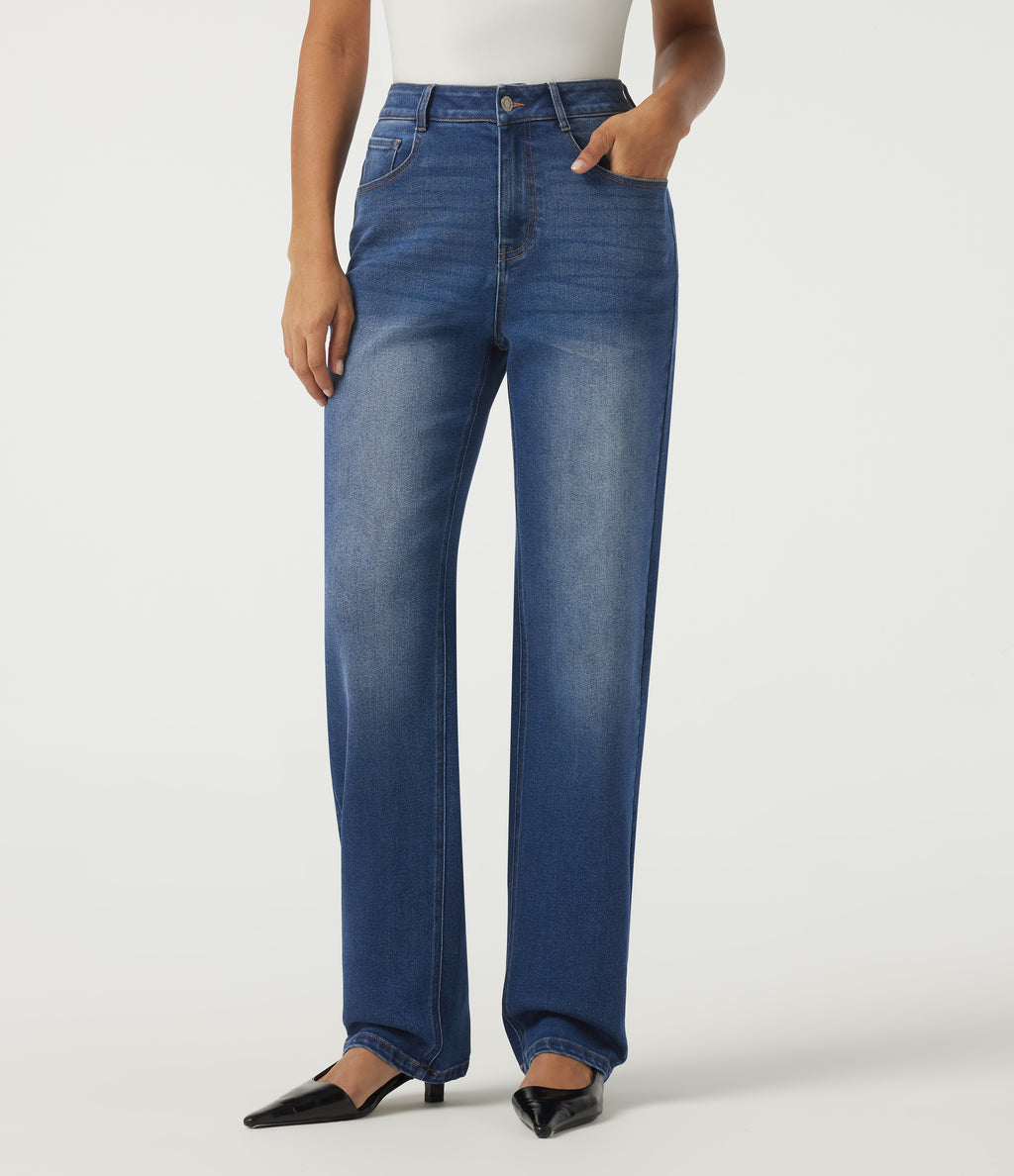 Mid Rise Straight Leg Denim Casual Jeans with Pockets — Estate Blue Denim — view 1