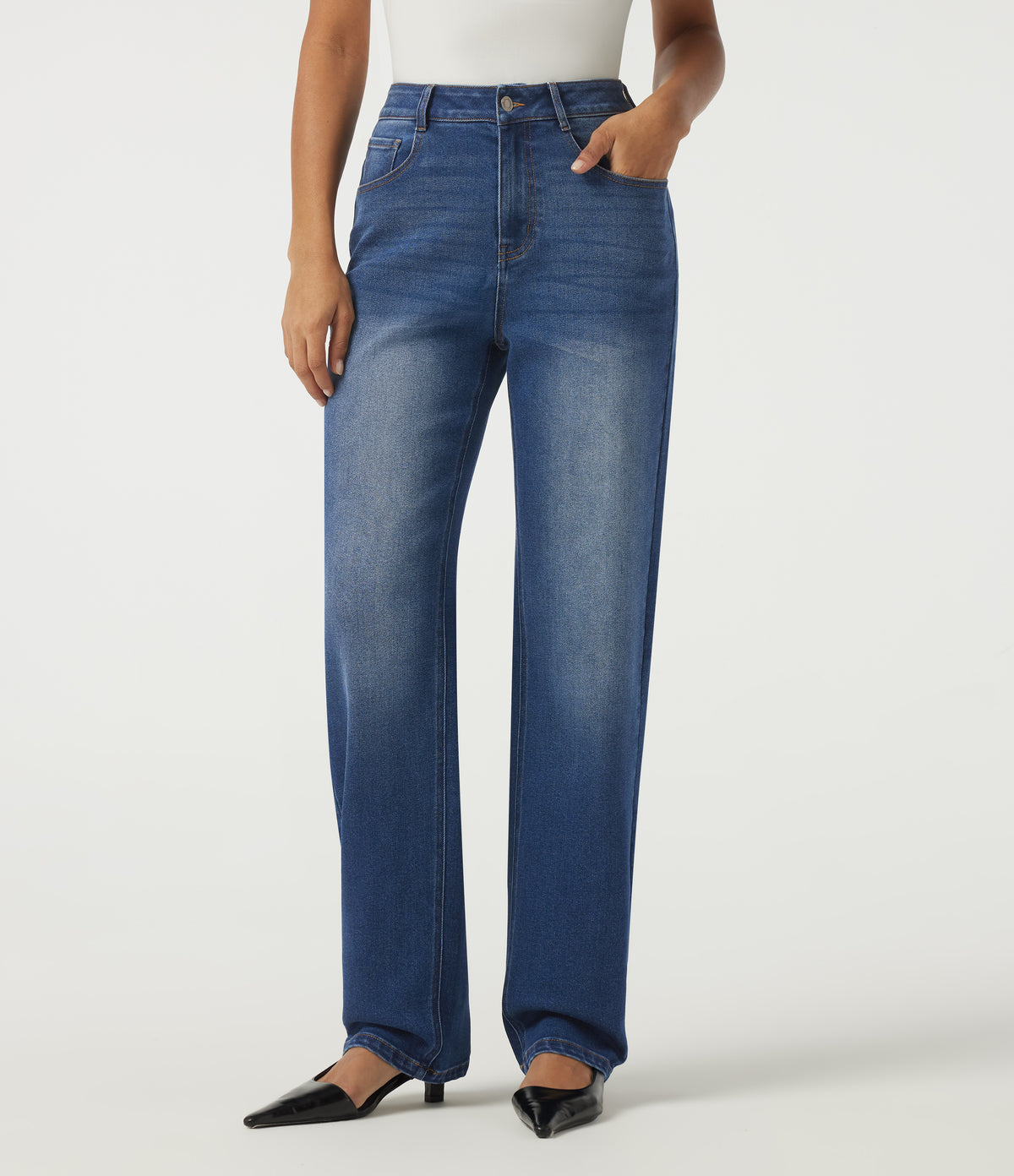 Mid Rise Straight Leg Denim Casual Jeans with Pockets — Estate Blue Denim — view 1