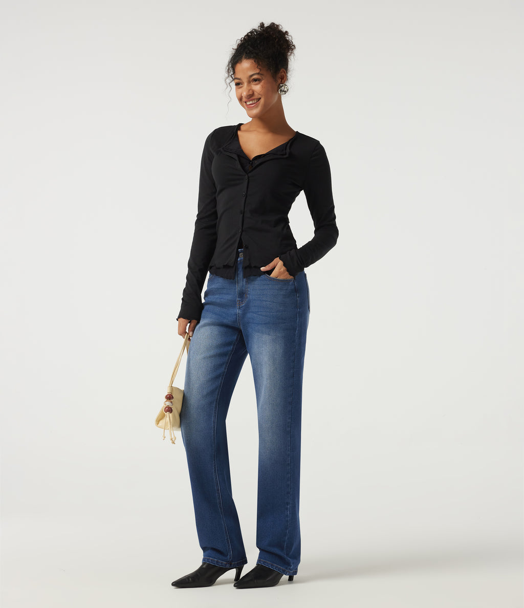 Mid Rise Straight Leg Denim Casual Jeans with Pockets — Estate Blue Denim — view 7