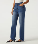 Mid Rise Straight Leg Denim Casual Jeans with Pockets — Estate Blue Denim — view 3