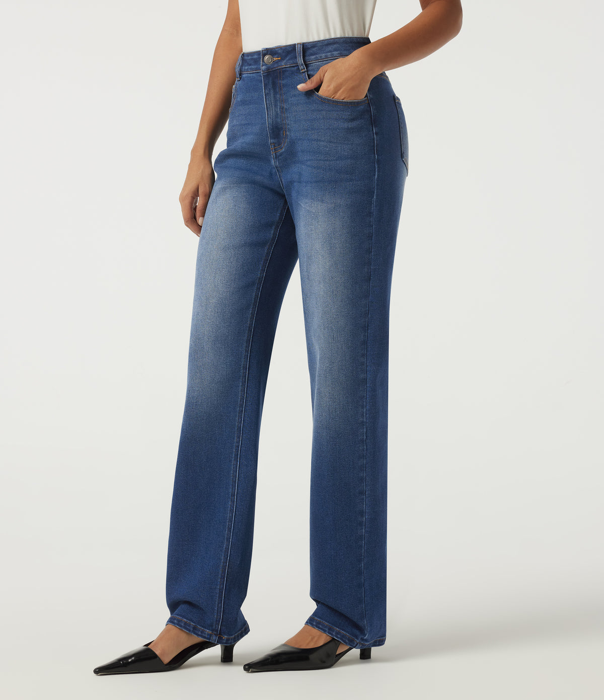 Mid Rise Straight Leg Denim Casual Jeans with Pockets — Estate Blue Denim — view 3